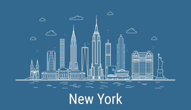 纽约城市线艺术矢量插图与著名的建筑。城市景观。图片下载