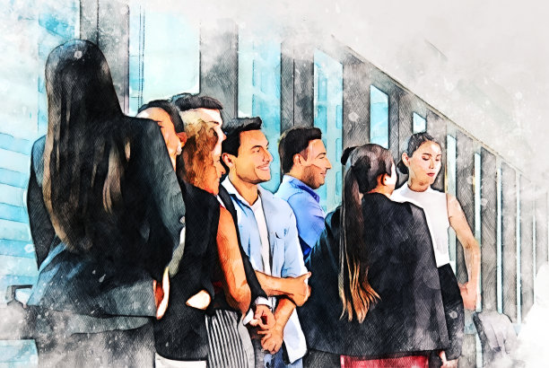 抽象多彩的商务团队会议理念，以水彩插画为背景。图片下载