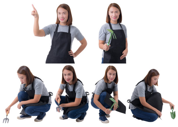 一套工人妇女或服务妇女的肖像在灰色衬衫和围裙是拿着铲为耕耘者在白色的背景图片下载