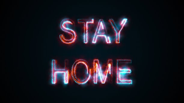 电脑生成了“待在家里”的题词。燃烧的文字警告危险。流行病概念的3d渲染。图形背景图片下载
