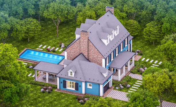 殖民风格的现代古典住宅的3d渲染图片下载