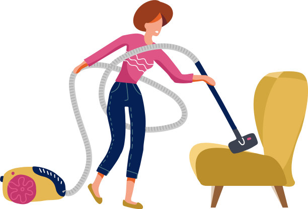 有趣的女人用吸尘器吸沙发扶手椅上的白色图片下载