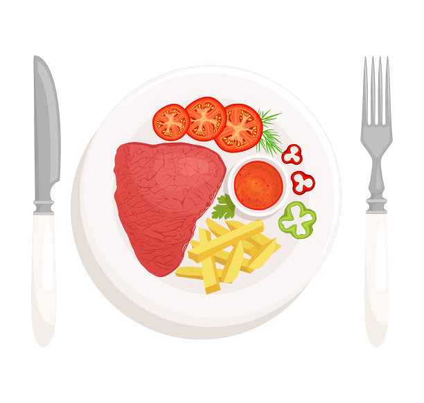 牛排、炸土豆和蔬菜放在一个盘子里。向量。图片下载