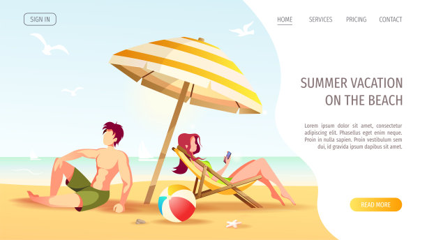 网站设计与夫妇坐在沙滩上的遮阳伞下。图片下载