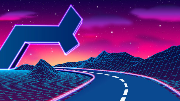 带有未来霓虹灯废墟的太空道路景观图片下载