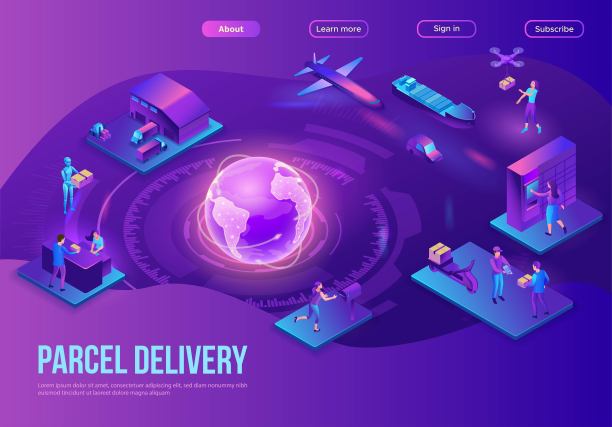 全球快递服务登陆页面，展示包裹递送流程，卡车和箱子仓库，汽车运输，海运，快递人员收货，无人机图片下载