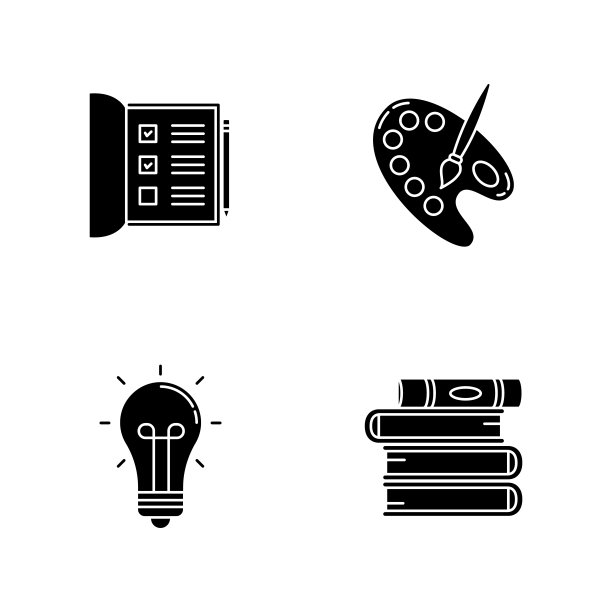 爱好和工作黑色象形图标设置在空白。打开笔记本。艺术家的调色板与画笔。堆栈的书。创造性的工艺。轮廓符号。向量孤立的插图图片下载