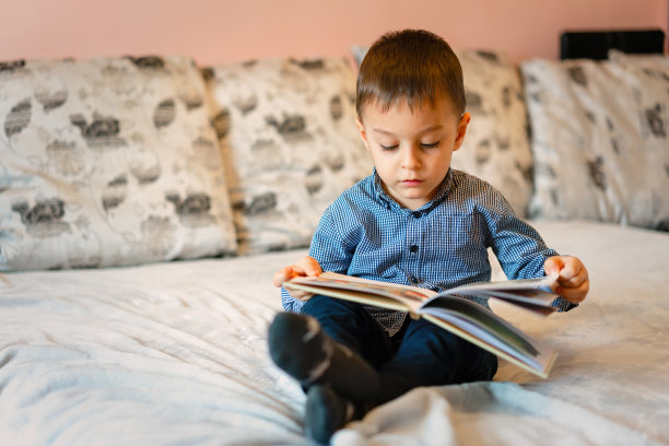 可爱的小男孩坐在家里的沙发上看书。图片下载