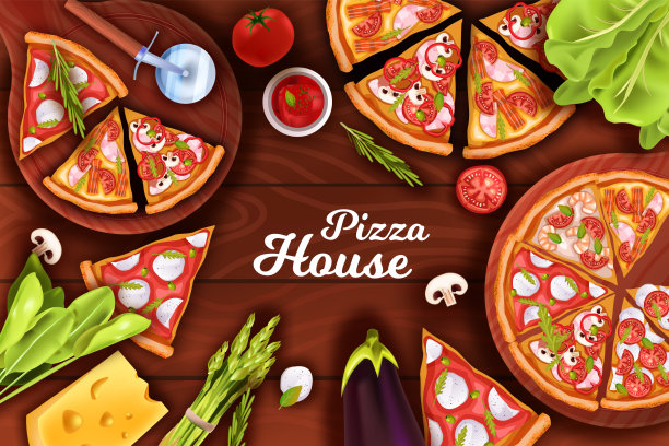 矢量俯视图插图与披萨片，切刀，蔬菜，绿色植物，沙拉的木制背景。图片下载