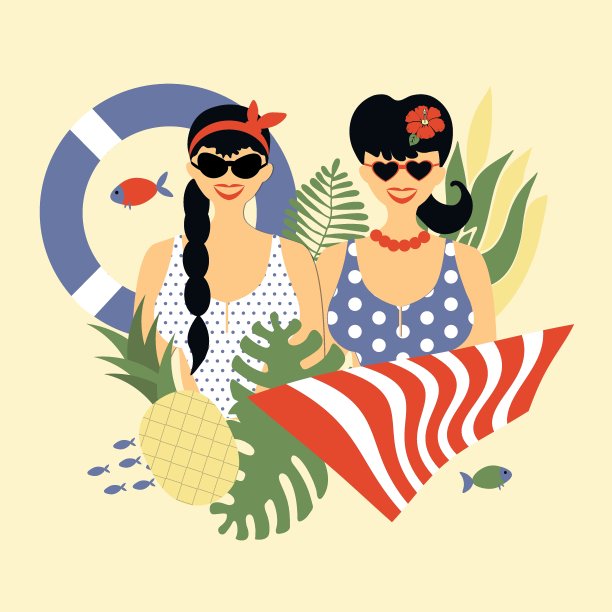 时尚的情侣，两个引人注目的白人女孩穿着海报风格的泳衣，时尚的肖像与夏天的属性，救生圈，毛巾，菠萝，植物。矢量平面插图，夏季时间图片下载