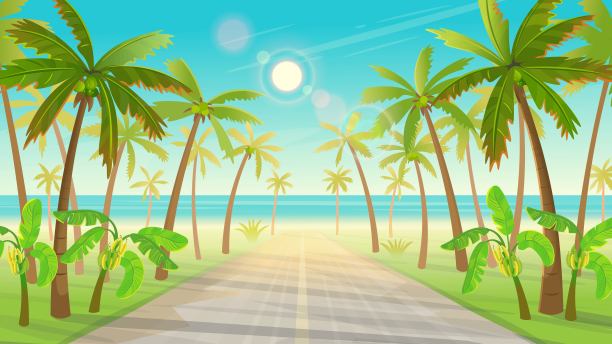 穿过长满棕榈树的热带岛屿通往大海。矢量插图的热带岛屿在卡通风格。图片下载