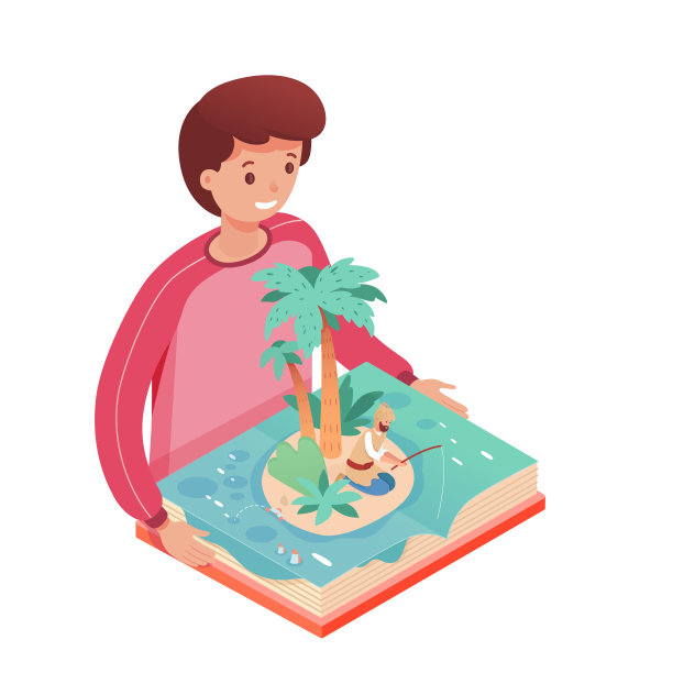 男孩与弹出的书。微笑可爱的孩子读故事的渔民生活在岛上，钓鱼。图片下载