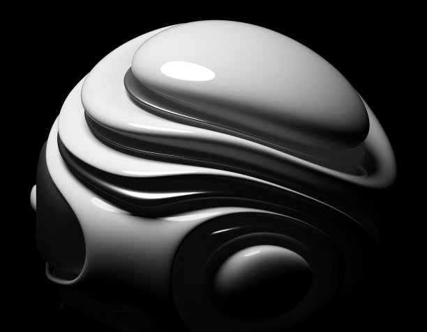 3d黑白艺术与部分超现实抽象异型花在有机曲线圆形波浪光滑和柔软的生物形式的白色光滑陶瓷材料与磨砂玻璃部分在黑色的背景图片下载