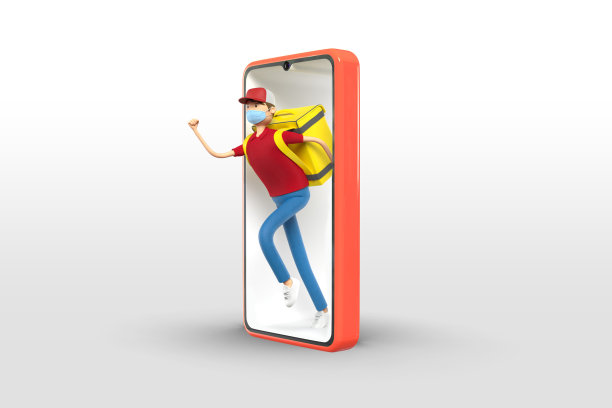 3D插画的快递员与口罩，食品袋用光了智能手机。身穿红色制服的快递员送餐。检疫流行的冠状病毒。安全操作的概念。图片下载