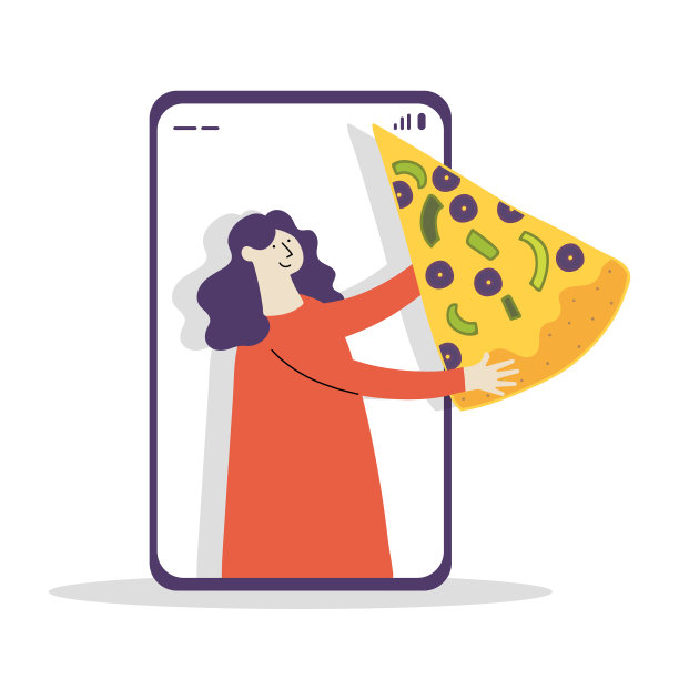 女孩用手机拿着披萨图片下载