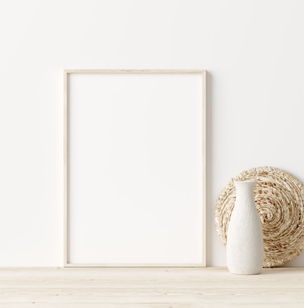 模拟的框架在家庭内部背景，白色房间与天然木制家具，Scandi-Boho风格图片下载