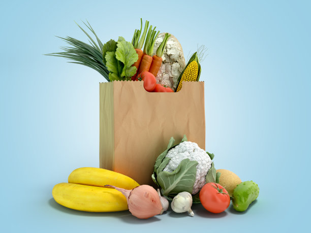 新鲜食品在一个纸袋的产品3d渲染蓝色梯度图片下载