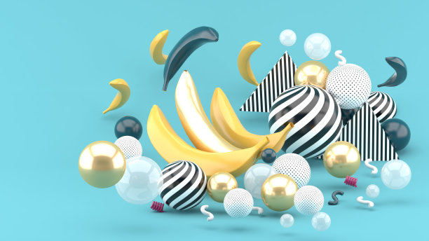 金色和黄色的香蕉在蓝色的球和蓝色的背景。3 d渲染。图片下载