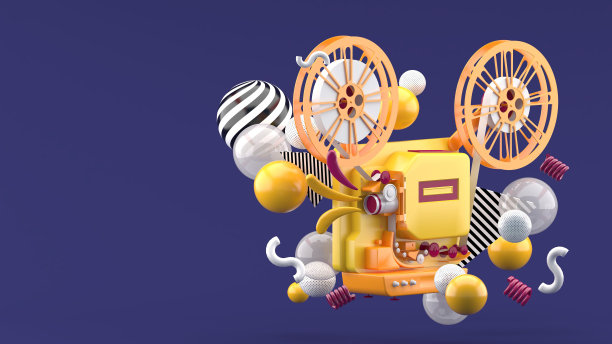 橙色电影放映机在彩色球在紫色的背景。3 d渲染。图片下载