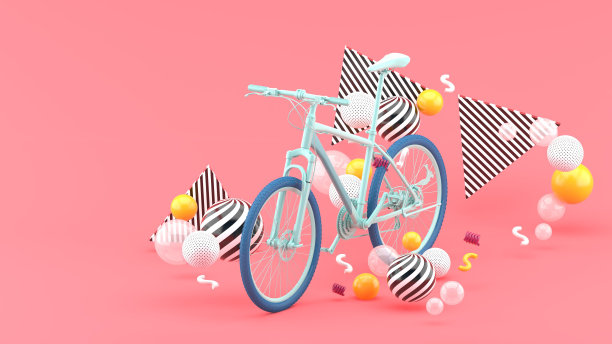 蓝色的自行车在彩色的球在粉红色的背景。3 d渲染。图片下载