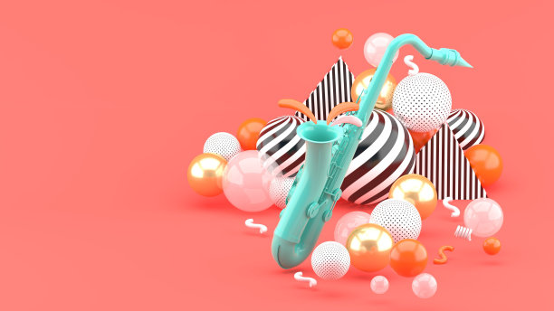 蓝色的萨克斯管被金色的小球环绕在粉红色的背景上。3 d渲染。图片下载