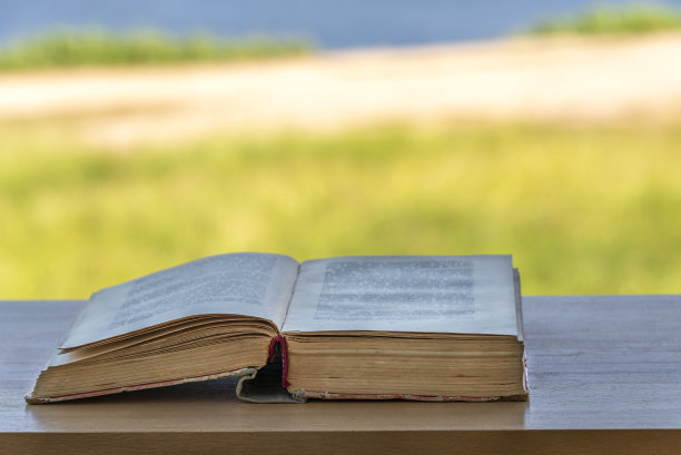 天井里的桌子上放着一本打开的旧书，背景是一片晨曦明媚、模糊不清的风景。图片下载