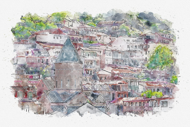 第比利斯的欧洲传统城市建筑的美丽景色的水彩画素描或插图。格鲁吉亚首都图片下载