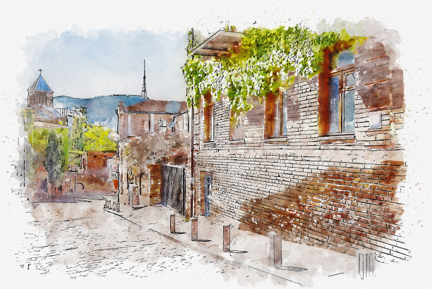 第比利斯的欧洲传统城市建筑的美丽景色的水彩画素描或插图。格鲁吉亚首都图片下载