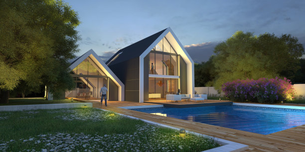 带游泳池和花园的现代坡屋顶别墅图片下载