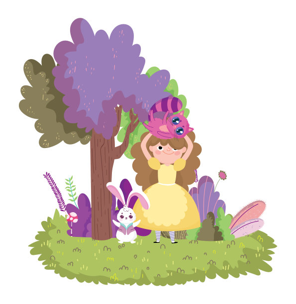 猫头和兔子树叶的女孩图片下载