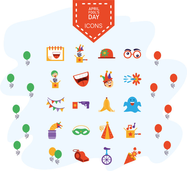 愚人节图标设置多彩的和扁平的风格图片下载