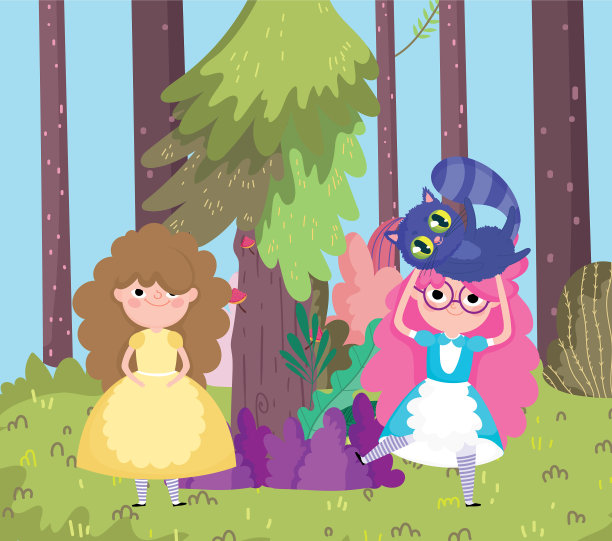 女孩与猫树森林草地在仙境图片下载