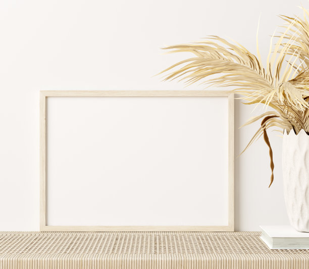 模拟的框架在家庭内部背景，白色房间与天然木制家具，Scandi-Boho风格图片下载