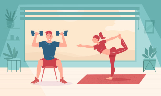 健康。男人举起哑铃。女人练习瑜伽向量。卡通。孤立的艺术平图片下载