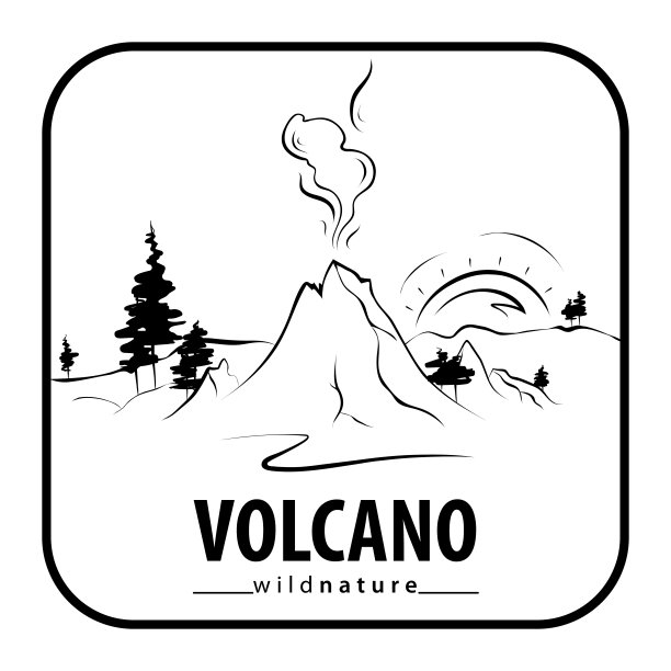 有火山、树木和阳光的自然景观。矢量插图。图片下载