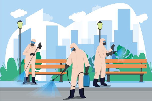 专家在危险防护服清洁消毒冠状病毒细胞流行的MERS-CoV办公室内部2019-nCoV大流行健康风险全长水平矢量插图图片下载