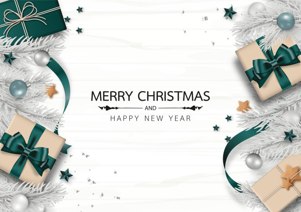圣诞快乐，新年快乐。圣诞边框背景设计装饰与礼盒，灰色松枝，圣诞球，星星孤立在白色木制背景。矢量插图。图片下载