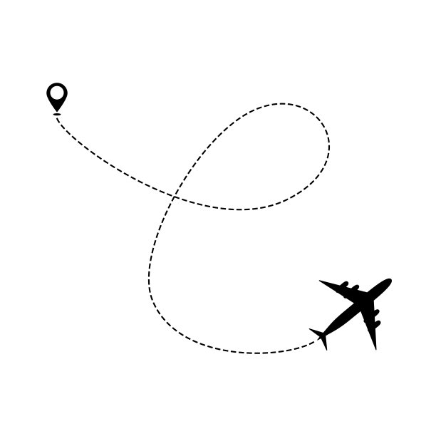 飞机线路径矢量空气的图标。飞机的飞行路线有起点和虚线轨迹。矢量图图片下载