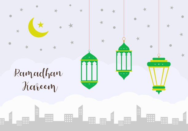 斋月kareem横幅。庆祝圣月。伊斯兰灯笼装饰与城市剪影。平面卡通风格，矢量插图。图片下载