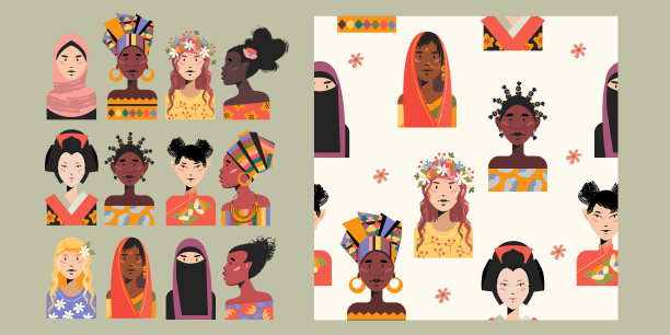 一组不同民族的女性肖像。无缝模式。矢量插图。图片下载