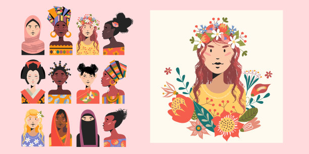 一组不同民族的女性肖像。矢量插图。图片下载