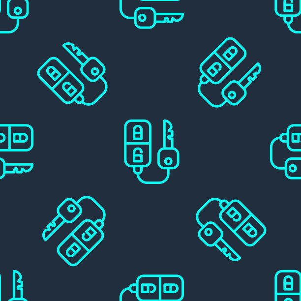 绿色线车键与远程图标隔离无缝模式上的蓝色背景。汽车钥匙和报警系统。矢量图图片下载