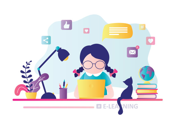 电子横幅。在线教育，家庭教育。现代职场，学龄前女孩用笔记本电脑工作。图片下载