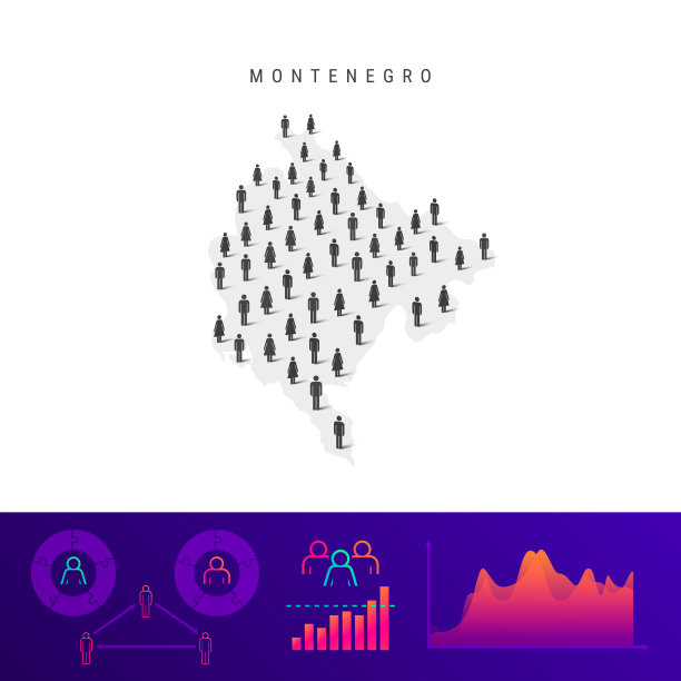 黑山人地图。详细的矢量剪影。一群男女混在一起。人口信息图表元素图片下载