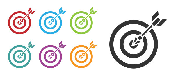 黑色目标与箭头图标隔离在白色背景。飞镖靶信号。射箭板图标。圆靶信号。业务目标的概念。设置图标丰富多彩。矢量图图片下载