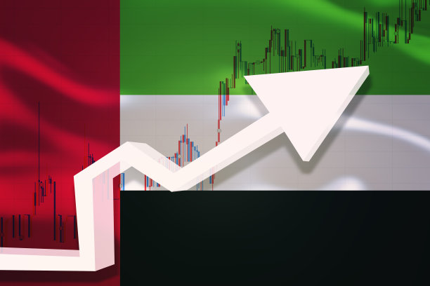 阿拉伯联合酋长国增长图表。白色3D箭头和股票图表成长在舞动的国家旗帜的背景下。图片下载