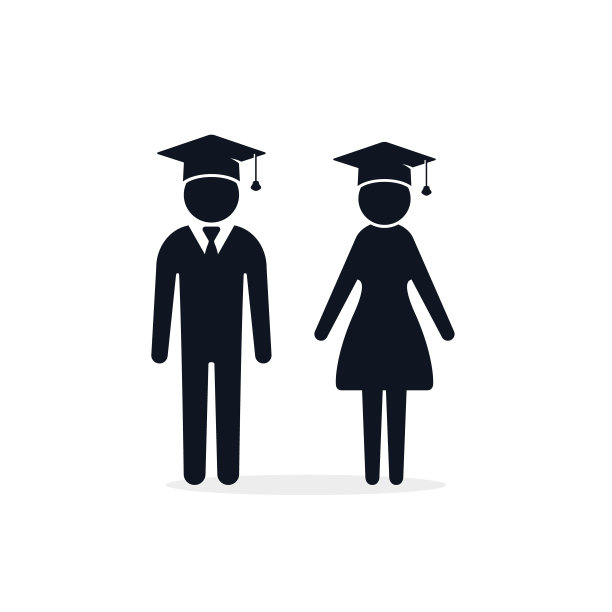 毕业的女孩和男孩在方形帽子或帽子矢量图标。男女各戴一顶灰浆帽，身着毕业礼服图片下载