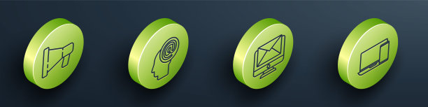 设置等距扩音器，邮件和电子邮件，监控和信封和监控和电话图标。向量图片下载