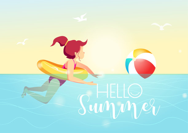 卡片设计与女孩在海里游泳与橡胶环和球。图片下载
