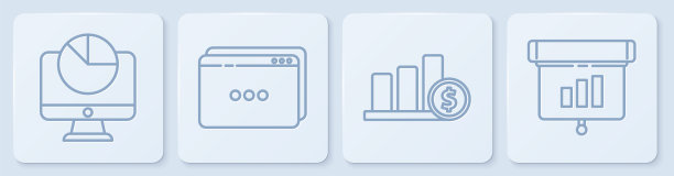 设置直线计算机显示器与图表图表，饼图信息图表和美元，网站模板和图表，图表，图表，信息图表。白色正方形按钮。向量图片下载